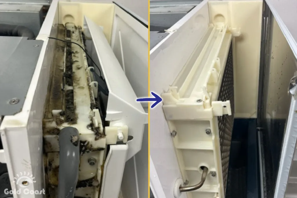 Before and after comparison of a commercial ice machine evaporator area: heavily soiled on the left, clean on the right after professional service