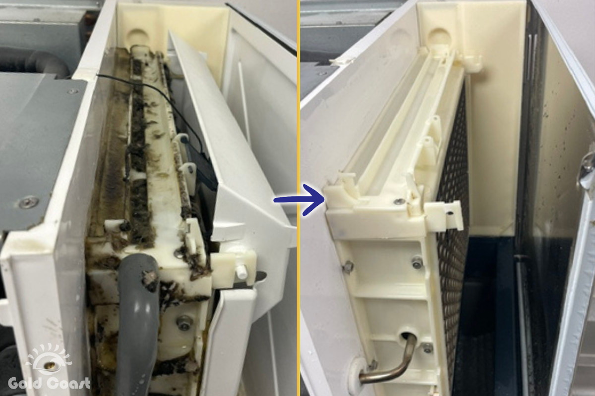 Before and after comparison of a commercial ice machine evaporator area: heavily soiled on the left, clean on the right after professional service