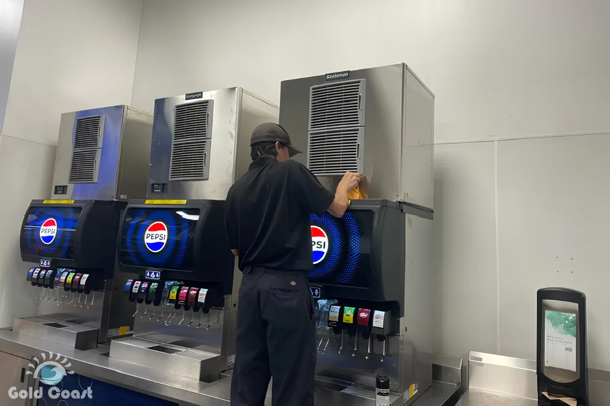 Gold Coast technician servicing a bank of commercial ice machines above beverage dispensers